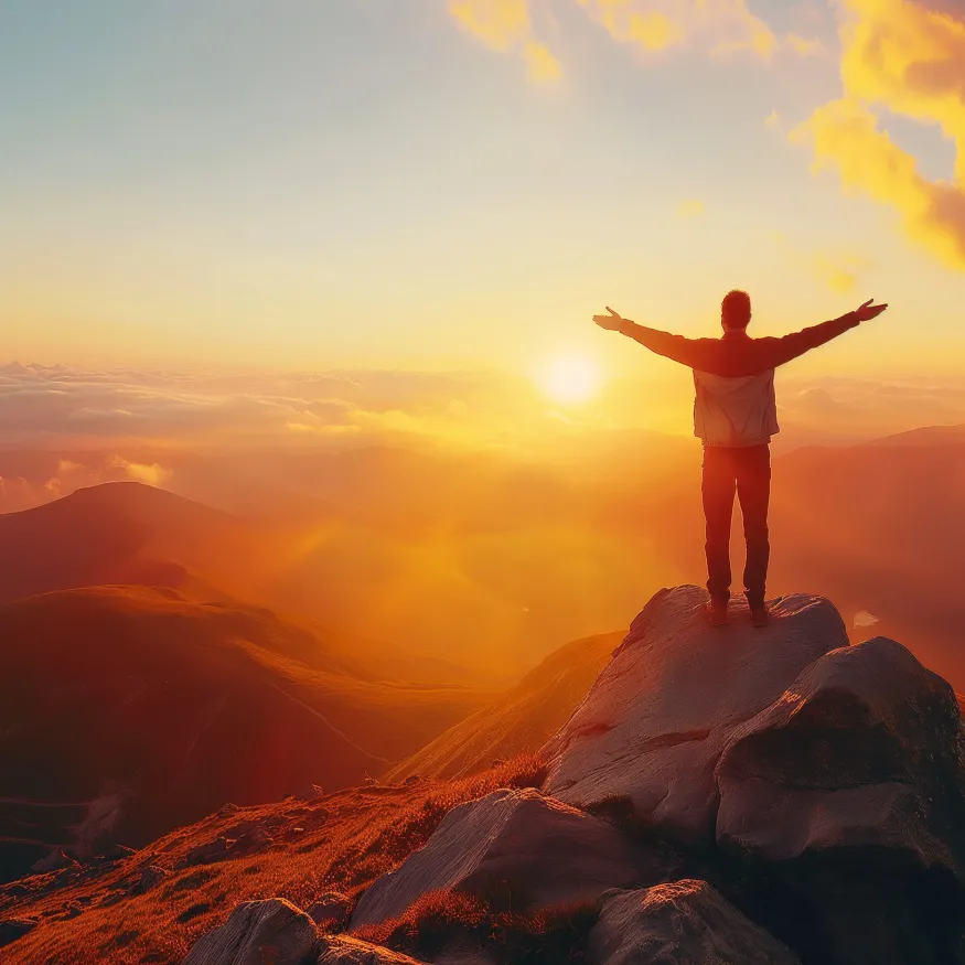 Hombre con brazos alzados en un cerro con el sol