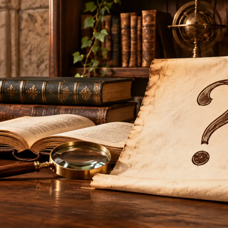 Un escritorio con libros, lupa, y una hoja con signo de pregunta