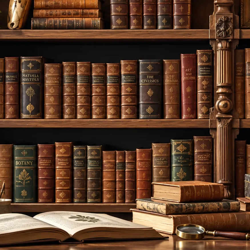 Escritorio con libros etc. y un estante con libros al fondo