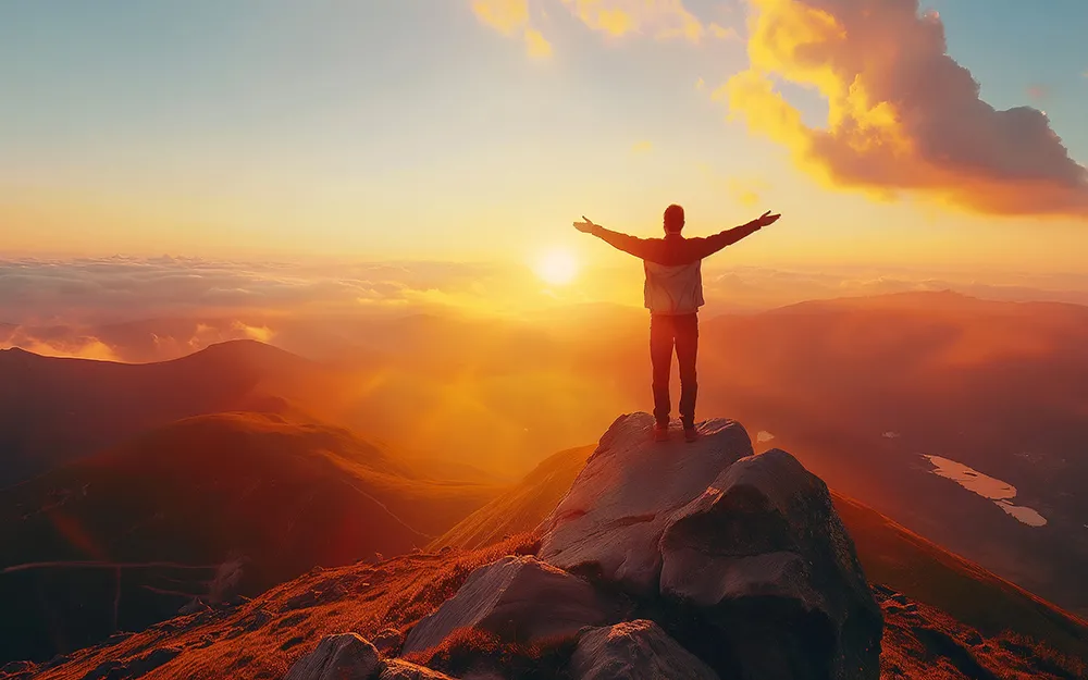 Hombre con brazos alzados en un cerro con el sol