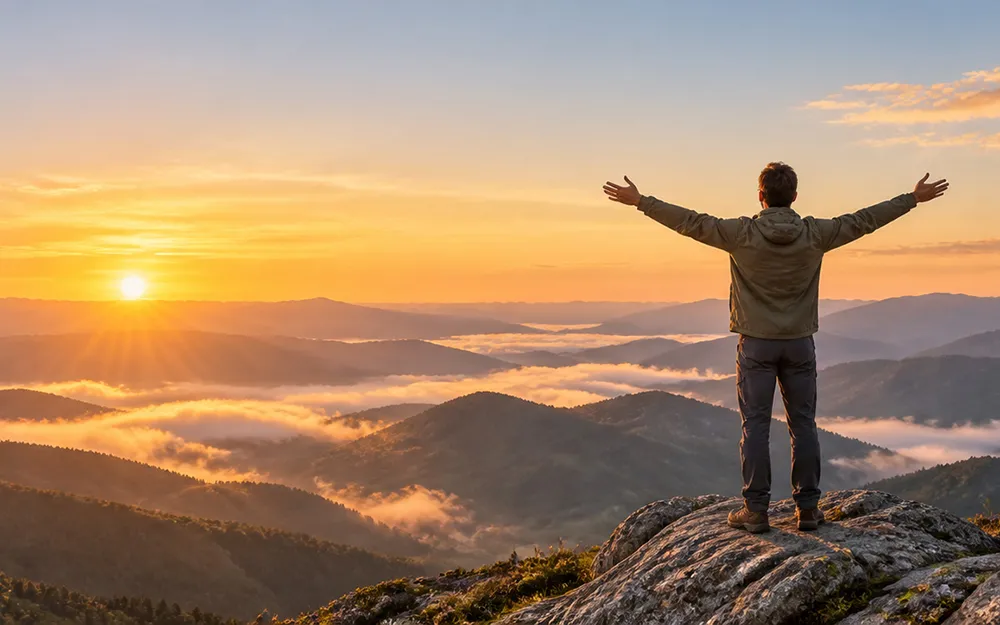 Un varón en un cerro con los brazos alzados al amanecer